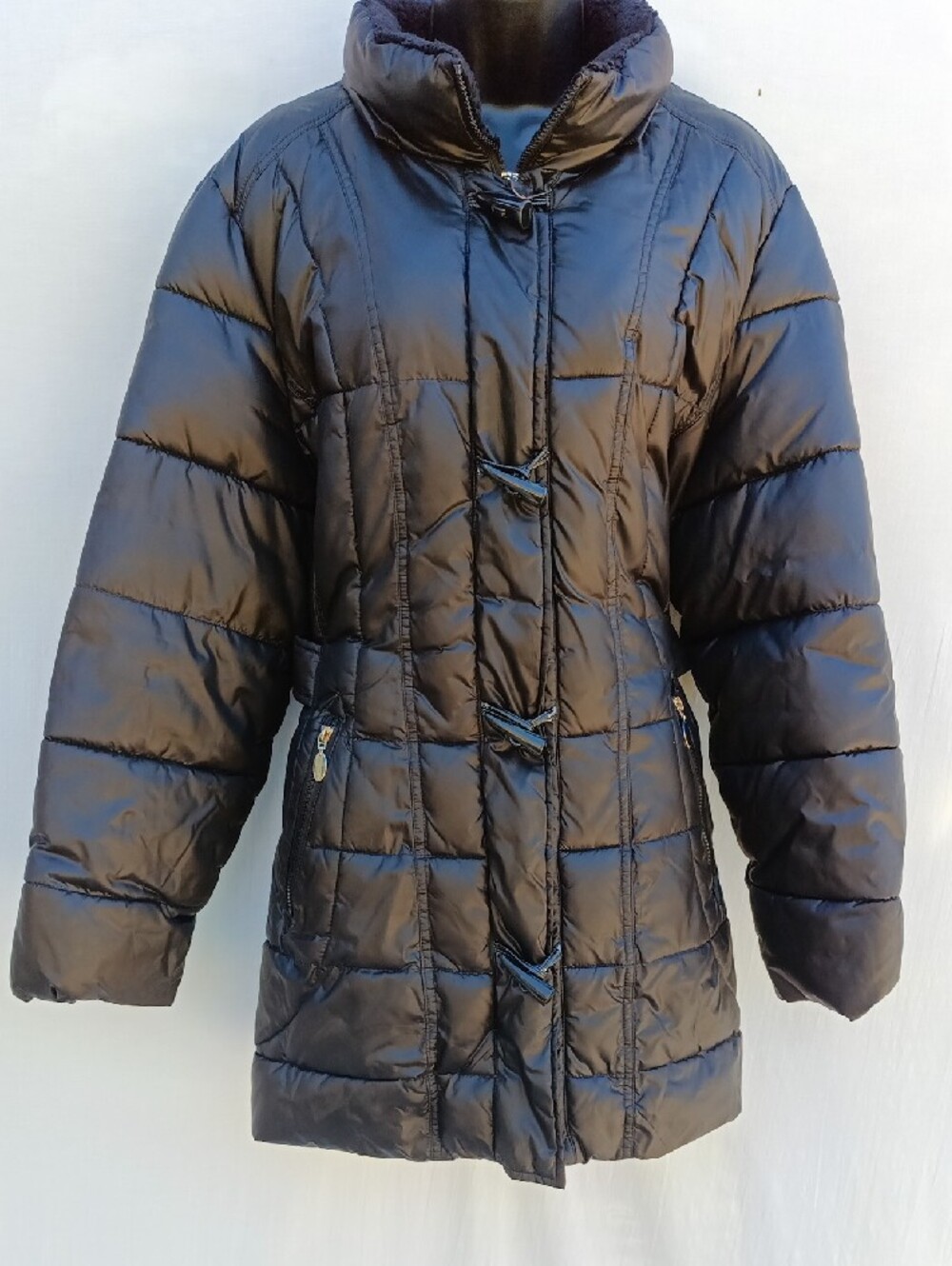 Liz Claiborne Long Black Quilted Puffer Coat W Plush Collar& Toggle Clasp Sz XXL